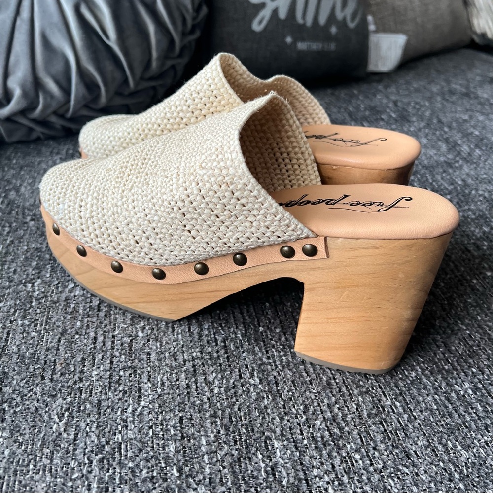 Free People Cream Tan Clog Mules with Wooden Soles - Picture 4 of 9